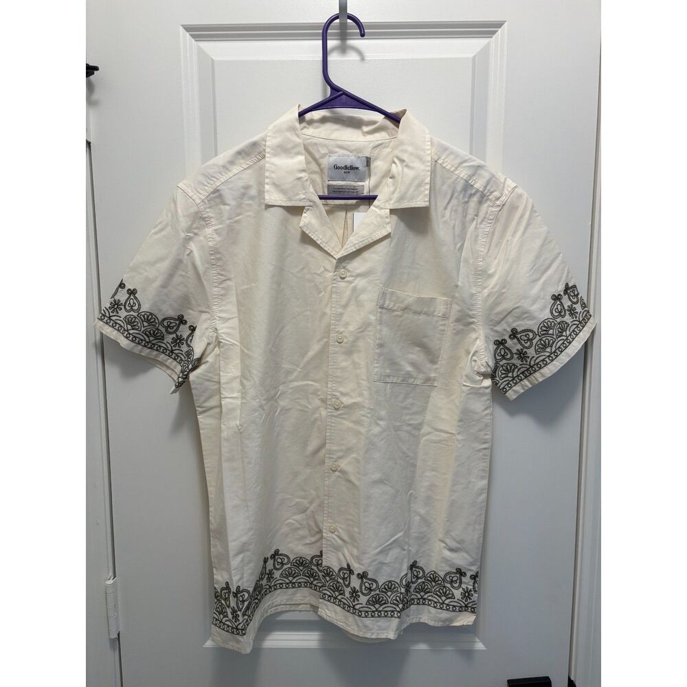 Goodfellow & Co Cream Green Button Up Shirt NWT Cotton Short Sleeve Pocket Med - Picture 2 of 8